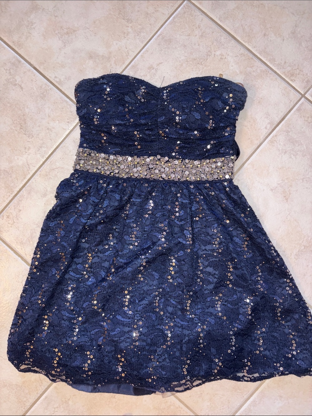 My Michelle Navy Blue Sequin Lace Strapless Party Dress - 9